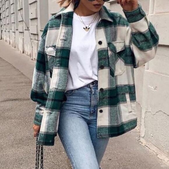 Avec Les Filles Plaid Shacket Shirt Jacket Green Flannel Blogger Fave - Picture 1 of 12
